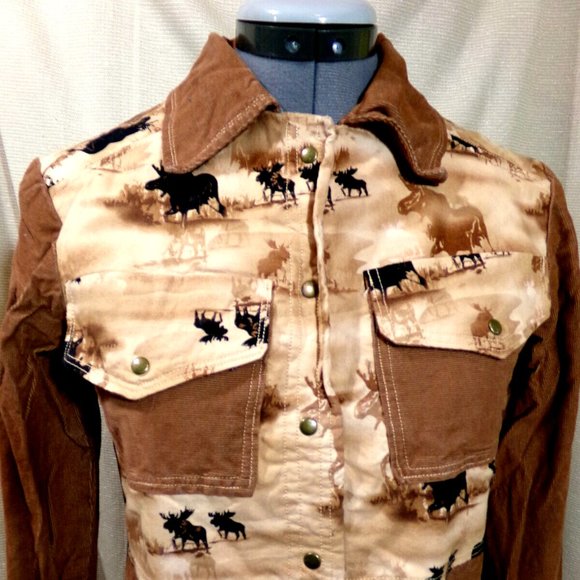 Western Snap up Shirt Jacket XS Brown Siennas Moose scene Corduroy Southwestern - Picture 1 of 7